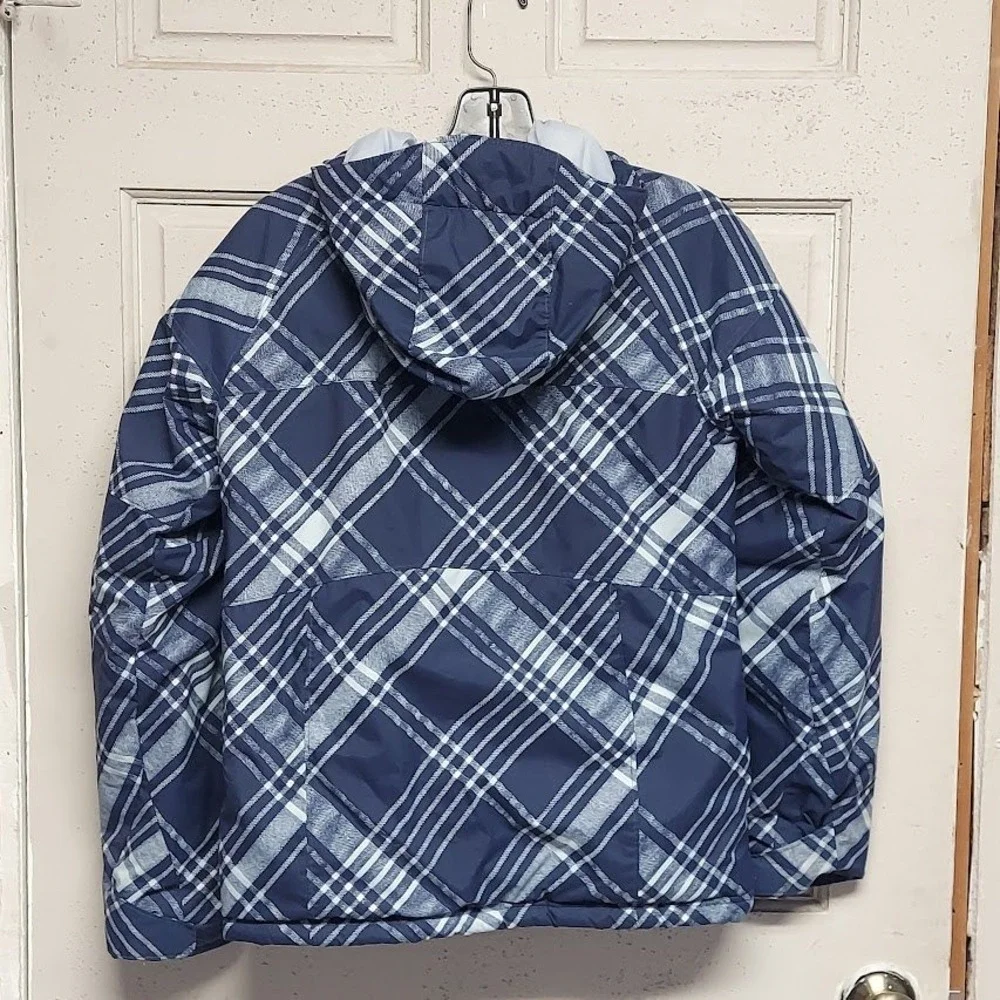 Columbia Kids‎ Omni-Shield Puffer Jacket Navy Blue White Plaid Hooded Size 14/16